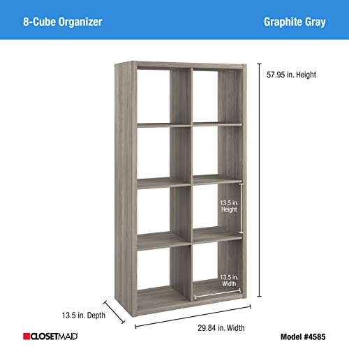 Image of ClosetMaid 4585 Heavy Duty Decorative Bookcase Open Back 8-Cube Storage Organizer in Graphite Gray for Home, Closet, Office, or Toys