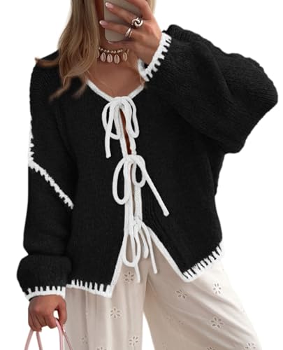 PRETTYGARDEN Women's Tie Front Bow Cardigan Sweaters Chunky Knit Long Puff Sleeve Trendy Fall Winter Jacket Coats (Black White,Medium)
