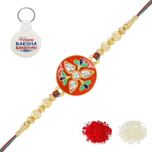 Image of Riddhika Ventures Alluring Gold Plated Floral and Pearl Rakhi (Bracelet) with Roli Chawal, Greeting Card and One Motivational Keychain