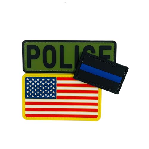 uuKen 3Pcs Police Patches PVC 4×1.4 inches for Hats Caps Bags Vests Clothing Jackets (3Pcs,Green,Flag,Thin Blue Line)
