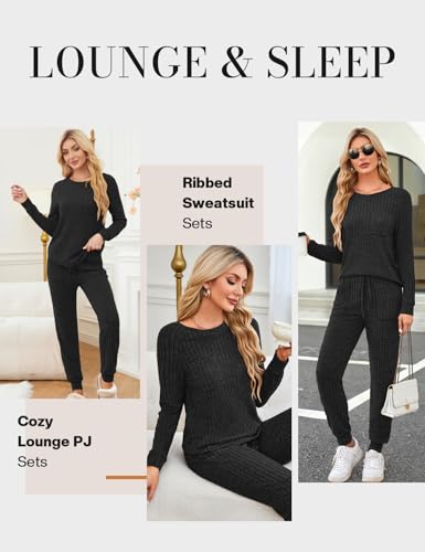 JUSTFASHIONNOW Womens Ribbed Knit Lounge Set 2 Piece Outfits Long Sleeve Pajama Set Loungewear Jogging Sweatsuits3