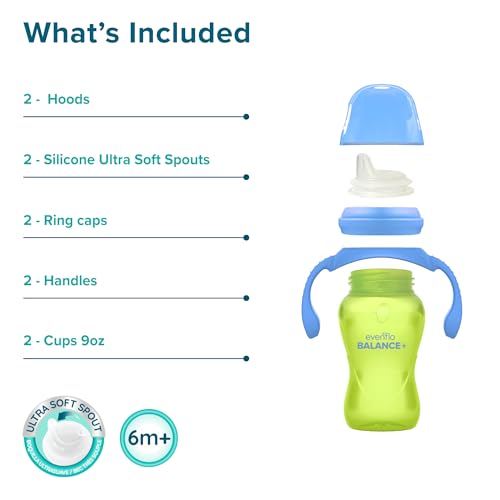 Evenflo Balance+ Trainer Cups for Babies 6+ Months, Blue and Green, 9oz, 2 Pack, Ergonomic Design with Ultra Soft Spout by Evenflo - Image 6