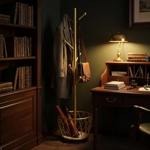 CBBZJY Freestanding Metal Coat Rack Stand with Basket Modern Organizer for Scarf Jacket Hat Bags Ideal for Home Entryway Bedroom Corner Stable and Moveable tree (gold) by CBBZJY - Image 4