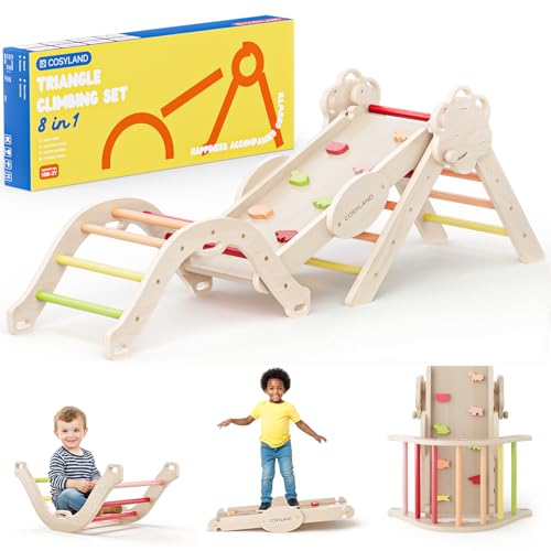 COSYLAND Set di Arrampicata 8 in 1 per Bambini – Triangolo Pikler e Arco Montessori Compatti con Scivolo, Struttura Pieghevole da Interno 18M–3A per Gioco Motorio e Arrampicata（Tono Caldo）