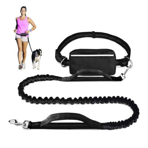 Laisse pour Chien Mains Libres, Laisse Canicross Chien avec Ceinture et Sac Détachable, Double Poignée Rembourrée, Coutures Réfléchissantes, pour Course...