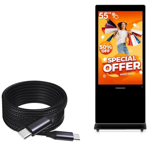 BoxWave Cable Compatible with PWR4GTR Digital Signage Display 55 Inch - DirectSync PD Cable (10ft) - USB-C to USB-C (100W), Long Type C Braided Nylon Alloy Fast Charge - Jet Black