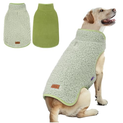 Image of cyeollo Sherpa Dog Coat Reversible Dog Jackets for Large Dogs, Green, 3XL | Warm Fleece Winter Sweater, Turtleneck Pet Vest, Adjustable Fit, Easy On & Off, Leash Hole for Cold Weather Outdoor Walks