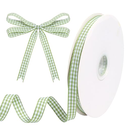 Hiswan Sage Green Gingham Ribbon for Gift Wrapping Sage Green and White Classic Checkered Plaid Buffalo Ribbon for Crafts Flower Bouquet Christmas Wedding Birthday Decoration 3/8 inch x 50 Yards