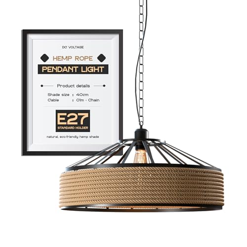 Metal & Rope Pendant Light Shade,40cm Retro Hemp Rope Black Rustic Industrial Ceiling Hanging Light with 1m Chain and Cable Pendant Lamp Fitting for home improvement, Island Kitchen,Living Room
