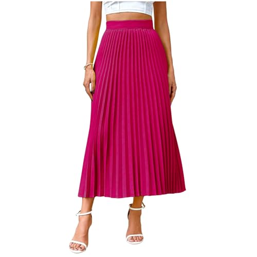 Women's Pleated Skirt Satin Flowy Swing A-Line Skirt Summer Casual Loose Solid High Waist Plus Size Midi Skirts