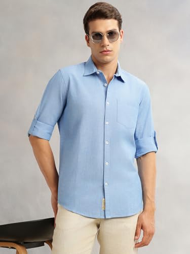 Image of Thomas Scott Men's | Solid | Premium Linen Blend | Spread Collar | Summer Wear | Long Sleeve | Shirts for Men