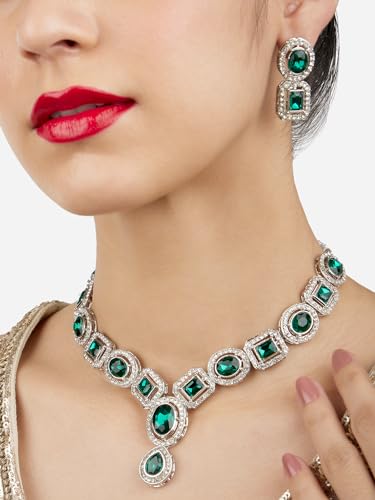 ZAVERI PEARLS Green Stones & Dazzling Austrian Diamonds Embellished Necklace & Earring Set For Women-ZPFK17196 - Image 2