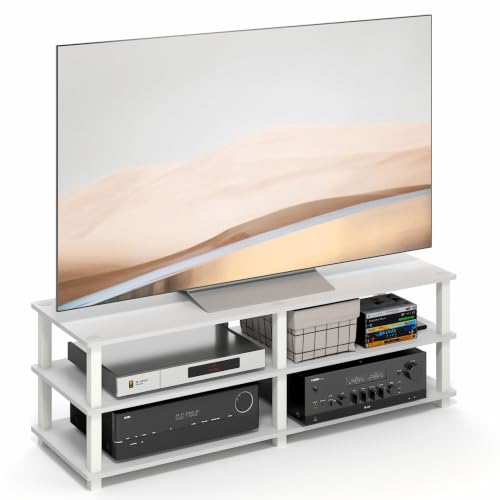 Image of Furinno Turn-S-Tube Toolless Assembly 3-Tier TV Stand, Entertainment Center for TV up to 55 Inch, Wide Printer Stand with Storage Shelf, for Living Room, Bedroom, White