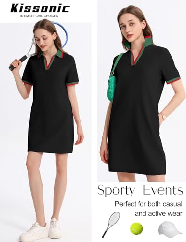 Image of Kissonic Polo Dresses for Women Short Sleeve Tennis Golf Dress V Neck Summer Casual Dress with Pocket