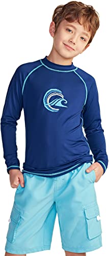 Tsla Boys Upf 50+ Rash Guard Long Sleeve, Uv Sun Proctection Water Swim Shirts, Surf Swimwear Swimsuit Top, Wave Circle Navy & Aqua, 14 #TOP1