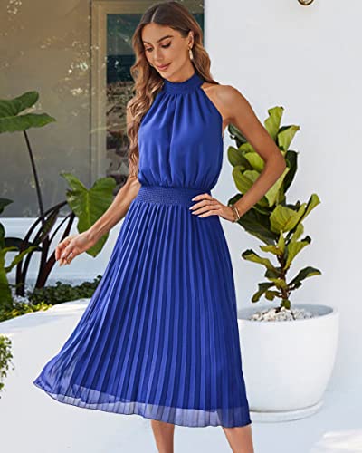 Raikamitu A Line Dresses For Women Pleated Halter 2023 Summer Smocked Sleeveless Swing Cocktail Midi Dresses（Royalblue，Xl） #TOP6