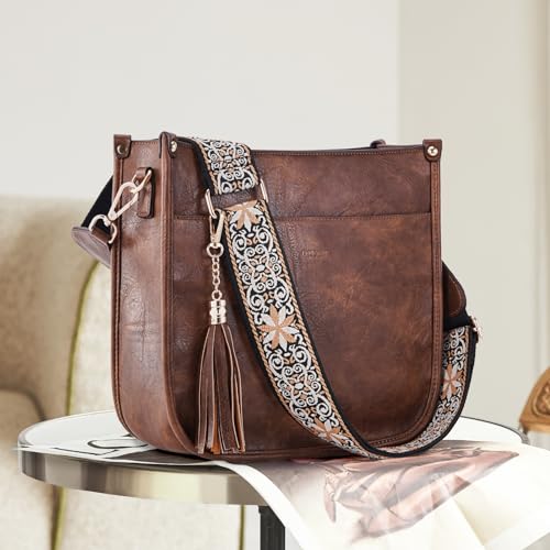 Image of HKCLUF Vegan Leather Crossbody Bags Purse for Women Trendy Tassel Hobo Handbag Women With 2PCS Adjustable Guitar Strap | Vegan Leather
