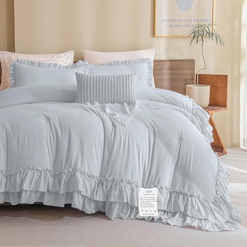 Image of Queen's House Light Blue Ruffled Comforter Set Queen Size, Lightweight Microfiber Inner Fill Fluffy Country Rustic Coquette Bedding