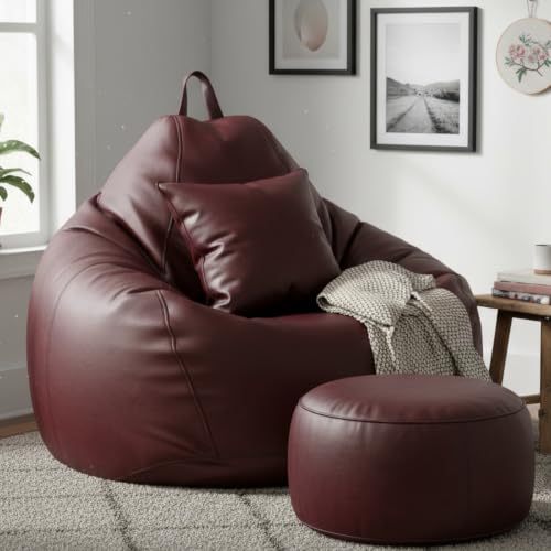 Image of KAM'S LIEU Leatherette Bean Bag Chair with Footrest | Filled with EPS Beans | Comfortable Sofa for Living Room & Bedroom | 4XL Size, Easy to Clean Color- (Maroon)