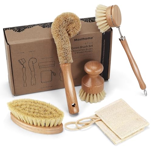 HEVOL Reinigungsbürste Set,5-Teiliges Sisal Geschirrbürste mit 1 Spülbürste,1 Flaschenbürste,1 Rundbürste,1 Topfbürste und 2 Luffa Reinigungstücher,Küchen Reinigungsset für Topf,Pfanne Reinigung