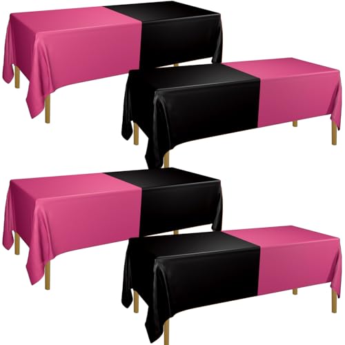 PTECDROTS 4 piezas de manteles rectangulares de color rosa intenso y negro para mesa, para graduación, boda, decoraciones de cumpleaños de color negro y rosa, 130 x 220 cm