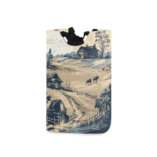 Jihqo Laundry Hamper Basket Rural Village Collapsible Nursery Storage Bin Waterproof Clothing Baskets for Home Bedroom Bathroom Washing Room