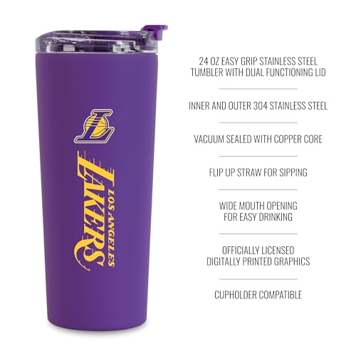 Image of Rico Industries NBA Basketball Los Angeles Lakers Purple 24oz Stainless Steel Tumbler with Lid and Dual Functioning Lid
