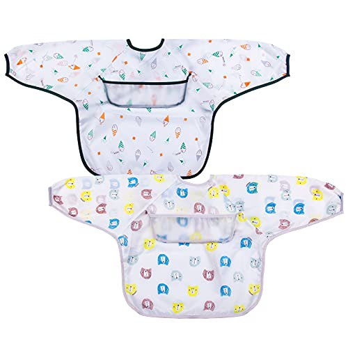 Pejoye Baberos Bebe Impermeables, Baberos con Mangas 2 Piezas Unisex Impermeables Baberos con Mangas para Bebés Recién Nacidos Niños Pequeños de 6 a 24 Meses