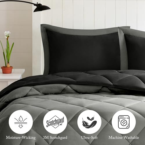 Image of Madison Park Comforter Set, Reversible Down Alternative All Season Microfiber Bedding, 3M Scotchgard Stain Release, Full /Queen Dorm Comforter, Black /Grey