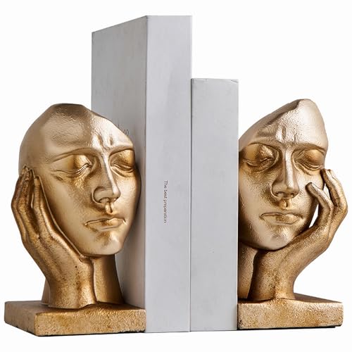 Vintage Thinker Book Ends for Shelves, Decorative Gold Bookends, Heavy Duty Book Stopper for Desk, Antique Home Office Decor Aesthetic, Unique Bookshelf Accessories