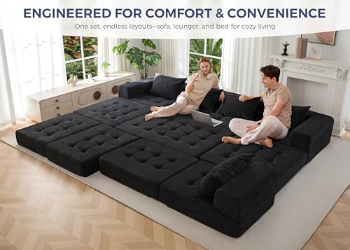 Image of MAXYOYO Modular Sectional Sofa Couch, Foldable U Shaped Cloud Couch with Pillows, Tufted 6-Seat Boneless Sofa Lounger for Living Room, No Assembly Required, Black