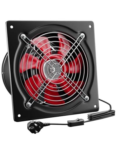 Hon&Guan Abluftventilator 200mm mit Schalter 980m/h Industrie Rauchabzug Wandventilator mit Rücklaufklappe Badlüfter Abluft mit EU-Stecker für Garage Werkstatt Lager und Dachboden Schwarz
