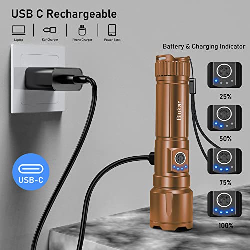 Blukar LED Torch Rechargeable, Ultra High Lumens Super Bright Torches - Adjustable Focus,5 Modes,5000 mAh Long Lasting,IP67 Waterproof,Powerful Handheld Flashlight for Camping,Hiking,Emergency -Brown