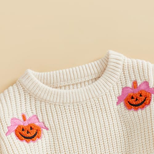 Baby Toddler Girl Halloween Sweater Top Long Sleeve Round Neck Bow Pumpkin Embroidery Knit Pullover Tops2