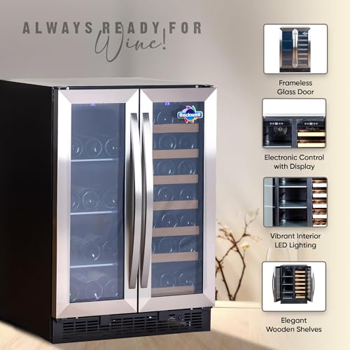 Image of ROCKWELL 87 Bottles Wine Cooler, 148L Freestanding Dual Refrigerator, Digital Temperature Control Fridge for Red, White, Champagne, or Sparkling Bottle (RWND87)