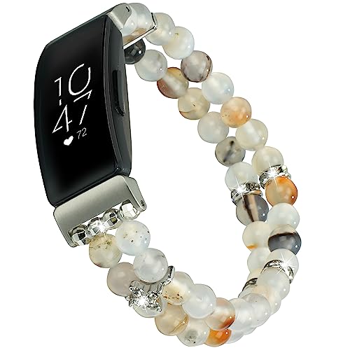 iLVANYA Compatible for Fitbit Inspire HR/Inspire 2 & inspire Bands Women Elastic Handmade Pearl Bracelet Fashion Beaded Strap Bracelet for Inspire Hr/Inspire 2 (Grass Flower Agate)