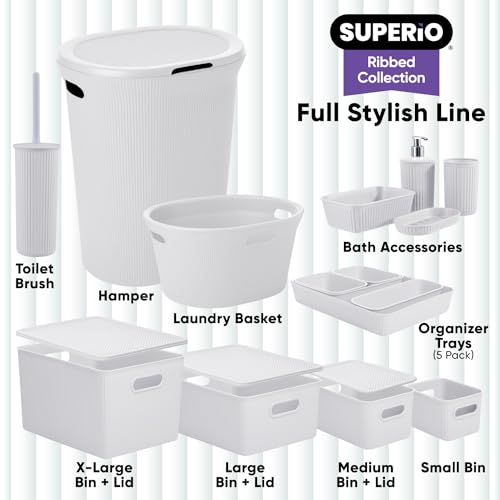 Image of Superio Ribbed Collection Toilet Bowl Brush and Holder Set, Decorative Plastic Bathroom Toilet Brush with Holder, Toilet Cleaner Scrubber, White Smoke - 1 Pack