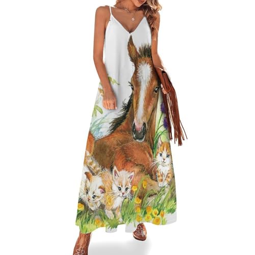 Robe Longue Chat Blanc et Cheval Sans Manches pour Femme