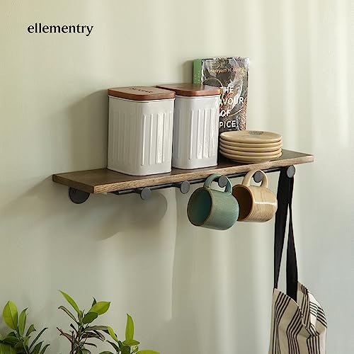 Image of Ellementry Aaron Wooden Wall Shelf with 5 Hooks | Home Decor Items | Wall Mounted Book Shelf| Shelves for Living Room /Kitchen /Bedroom Decoration | Floating Wall Shelves | Hanging Wall Mount Display