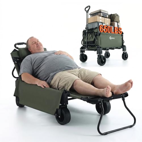 2-in-1 Beach Wagon Cart, Folding Collapsible Wagon with Large Capacity, Converts to Lounge Chair, All-Terrain 360° Swivel Wheels, Heavy-Duty Carbon Steel Wagon for Beach, Camping & Garden-Green