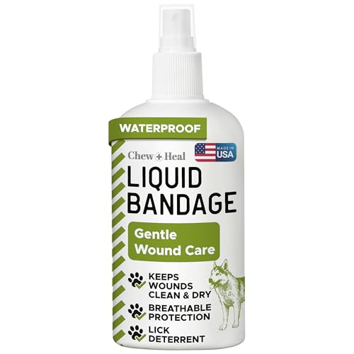 Chew + Heal Labs Liquid Bandage for Dogs 4oz Waterproof Spray Wound Care with Aloe for Cuts, Scrapes, Stitches, Paw Injuries - Breathable, Safe if Licked