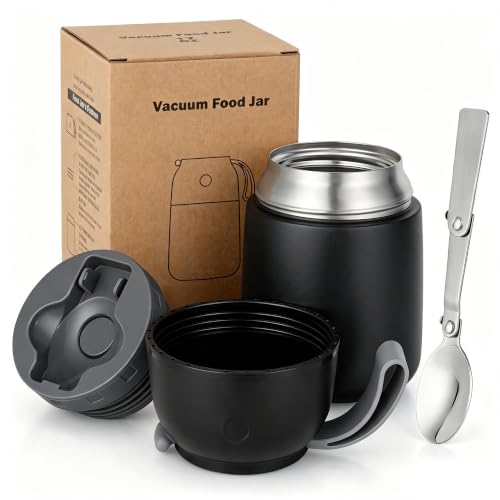 Image of Insulated Thermo Food Jar for Hot & Cold Food for Kids Adult, 17 oz Soup Thermal Hot Food Containers for Lunch, Triple Layer Insulation Stainless Steel Food Jar with Spoon (Black)