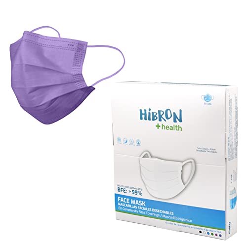 HIBRON 50 Mascarillas Desechables Homologadas Europea, CWA 17553: 2020, BFE  99%, Violeta