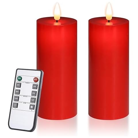 volnyus Red Flameless Candles Set of 2 Flickering LED Wax Candles Battery Operated with Remote Control Timers forChristmas Decoration/Wedding/Party Dimmable Pillar Candles 5 inch Flat top Cover