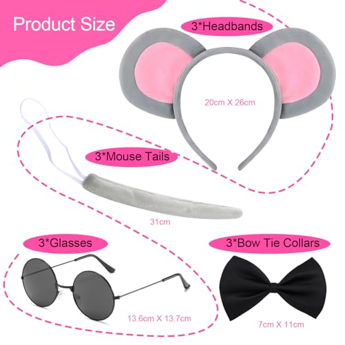 Maazusa Mouse Costume Accessories 12Pcs Mouse Ears Headband Tail Decoration Bow Tie Black Glasses, Mouse Cosplay Adult Outfit Accessories for World Book Day Carnival Party