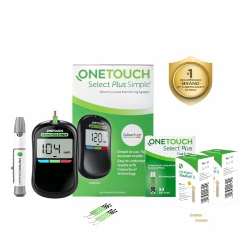 Image of OneTouch Select Plus Simple glucometer machine with 10+50 Test Strips & 50 additional Ultrasoft 2 Lancets (total 60 lancets) | Simple & accurate testing of Blood sugar level at home