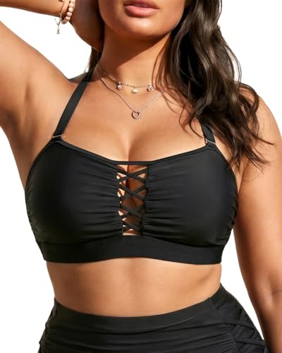 Plus Size Bikini Swimsuit Top - Women Bandeau Swim Top Lace Up Bathing Suit Bra for Large Bust Swimwear Black 20 Plus