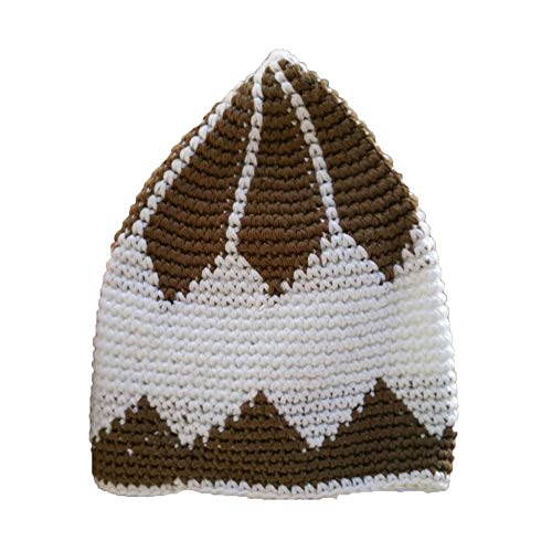 Hand-Crocheted Cotton Sturdy Dark Brown & White Large Diamond Kufi Skull Cap Beanie Hat