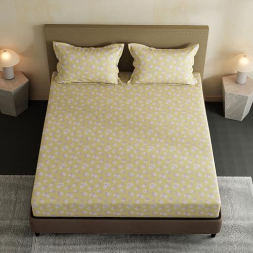 Image of Layers 100% Cotton Bedsheet for Double Size Bed | Lumina Floret Collection | 144 TC Soft & Breathable | Floral Print with 2 Pillow Covers | Wrinkle Free & Colorfast | 3 Piece Bedding Set - Yellow