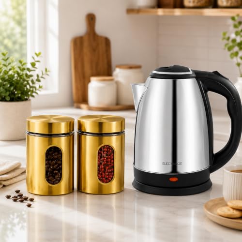 Image of Electric Kettle (1.8 ltr,Auto shut off) with 2 x 750ml Glass Storage Jars | Gold Metal Covered Containers with Clear Window | Premium Kitchen Combo for Tea, Coffee, Sugar & Dry Fruits